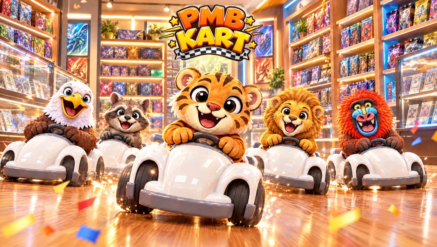 PMB KART 標誌下的宣傳插畫:白頭鷹、狸仔、老虎、獅子和狒狒駕駛白色卡丁車,置身明亮的卡牌店。